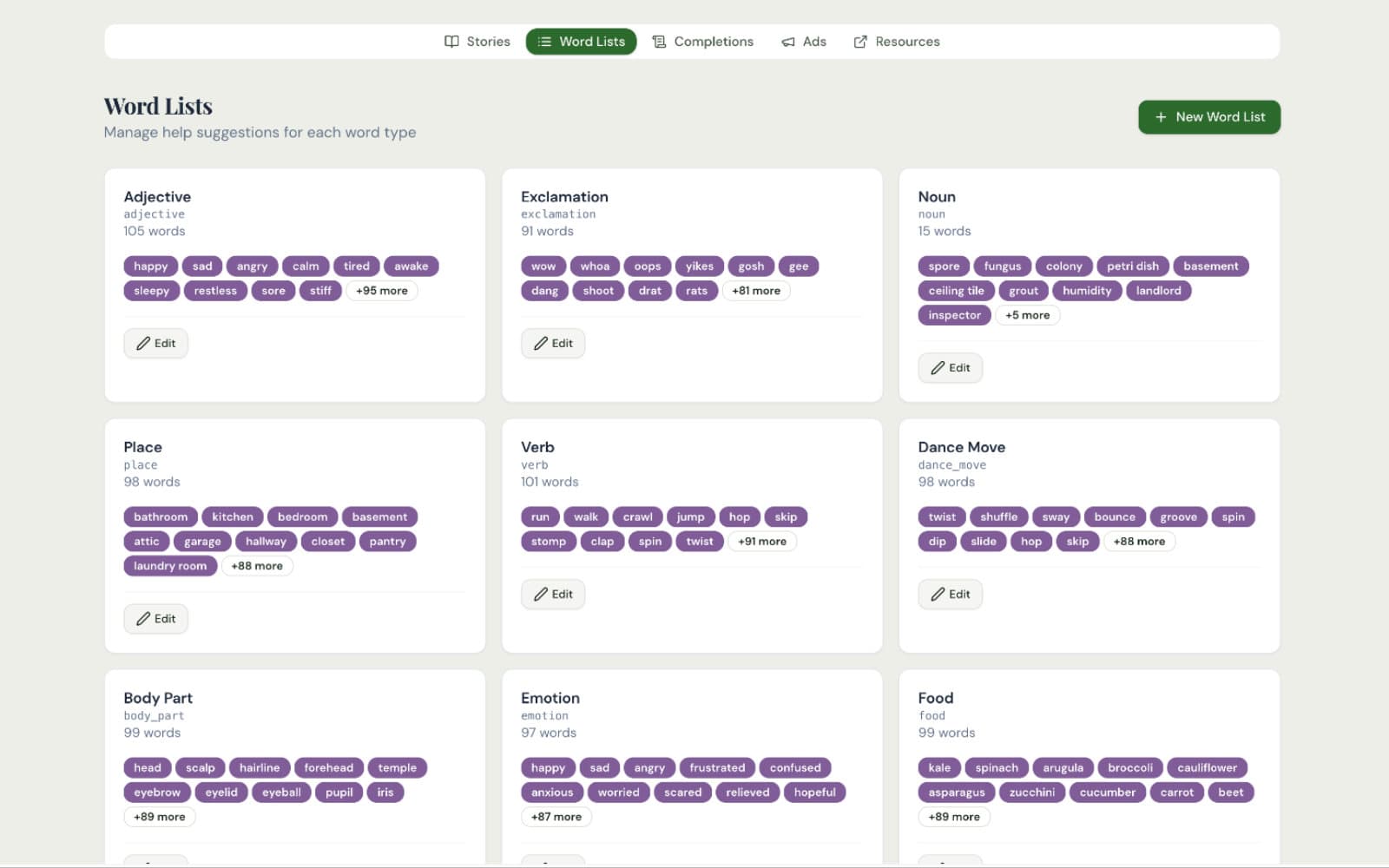 Mold Libs admin: word lists